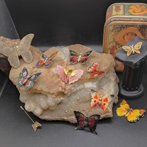 Colorful Vintage Butterfly Brooch Lot. 10 Brooches, One Hat Pin.